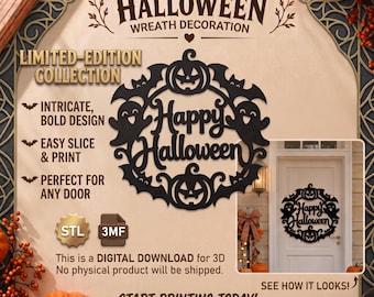 Happy Halloween Door Decoration Wreath STL | 3D Printable Halloween Door Sign | Pumpkin Ghost Bat Wreath | Spooky Wall Decor | 3MF
