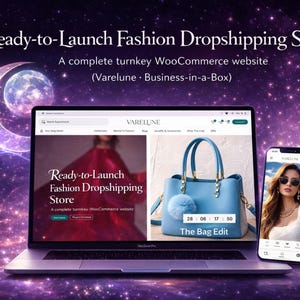 Op de afbeelding: Een laptop en smartphone tonen een website voor een fashion dropshipping store. De laptop toont een blauwe handtas met een pompon, en de telefoon toont een vrouw met een zonnebril. De achtergrond is een sterrenhemel in paars.
