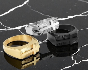 Stainless Steel Cross Ring – Religious Faith Band – Polished Christian Ring for Men & Women