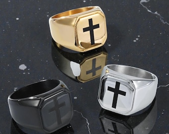 Stainless Steel Cross Signet Ring – Religious Faith Ring – Christian Jewelry