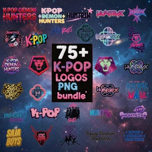 Mais de 75 imagens PNG de Caçadores de Demônios do K-pop, camisetas de grupos de ídolos do K-pop, design PNG de Huntrix, imagens PNG de bandas de meninos e meninas Saja, fãs de Huntrix, download digital.