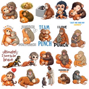 May include: A selection of cartoon monkey illustrations, some embracing or cuddling. Text includes "I Love Punch," "Justice for Punch," and "Just Me and My Sadness." The monkeys are in shades of brown, orange, and grey. The images have a cute, emotive style.
