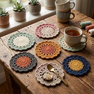 Peut inclure: Ensemble de dessous de verre crochetés à la main, aux couleurs variées : rose, bleu, vert et orange. Les dessous de verre sont disposés sur une table en bois rustique, avec une tasse de thé et une cuillère. Les dessous de verre sont circulaires avec un bord festonné.