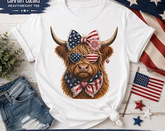 Camiseta con estampado de vaca de las Tierras Altas y bandera estadounidense, camiseta del 4 de julio, top gráfico unisex.