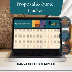 Proposal and Quote Tracker Canva Spreadsheet displayed on laptop showing comprehensive proposal management with 10 columns tracking client proposals, service types, quoted amounts, status updates, and follow-up dates - includes 10 automatic formulas calculating win rate, average deal size, and conversion rate with 4 visual charts