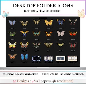 May include: A laptop screen shows butterfly-themed desktop folder icons and wallpapers. The icons depict diverse butterfly designs in various colours. Text at the top reads "DESKTOP FOLDER ICONS BUTTERFLY SHAPED EDITION". The bottom text says "WINDOWS & MAC COMPATIBLE" and "20 Designs / 4 Wallpapers (4K resolution)".