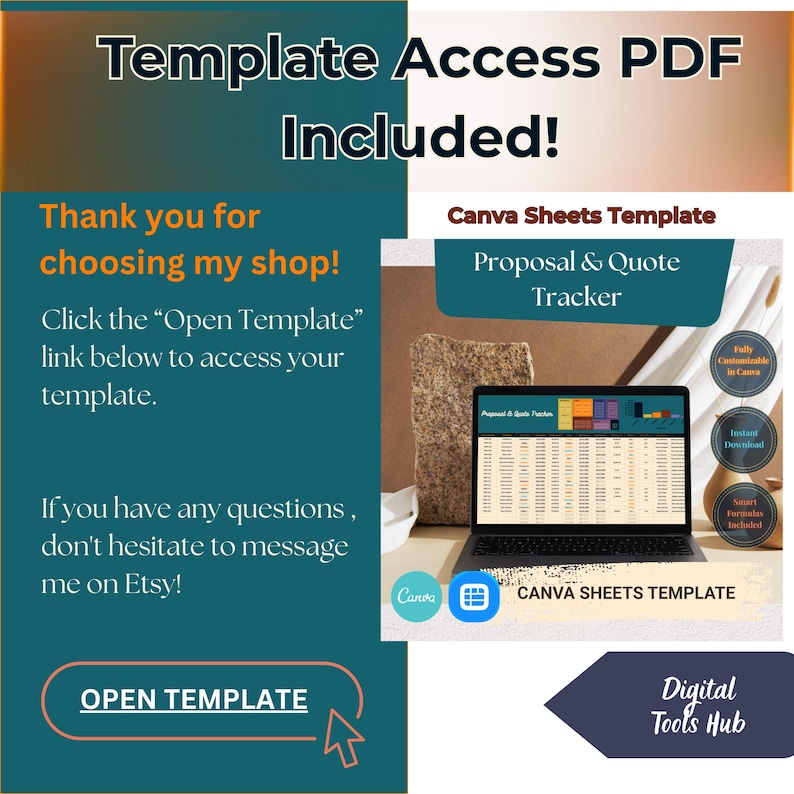 Template Access PDF for Proposal and Quote Tracker showing single PDF file with Open Template button for instant access to Canva Spreadsheet - digital download with instructions for tracking client proposals and measuring sales performance