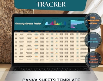 Hoja de cálculo de Canva para el seguimiento de ingresos recurrentes / CRM para pequeñas empresas / Gestor de ingresos / Seguimiento de MRR / Calculadora de ganancias