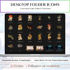 May include: A laptop screen displays desktop folder icons with a cottagecore forest theme. The icons feature illustrations of mushrooms, insects, frogs, and other forest elements. The text at the top reads "Desktop Folder Icons" and "Cottagecore Forest Edition."