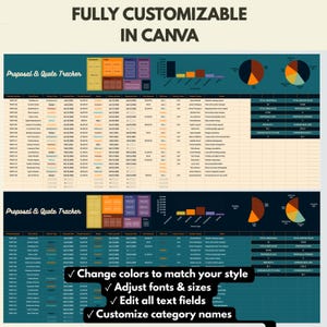 Proposal and Quote Tracker customization demonstration showing Canva Spreadsheet with fully editable interface displaying color changes, dropdown menus for proposal status and service type selection - before and after comparison showing how users can personalize the freelance business tracker