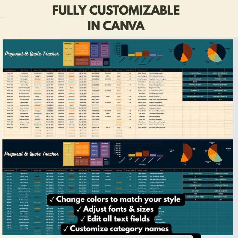 Proposal and Quote Tracker customization demonstration showing Canva Spreadsheet with fully editable interface displaying color changes, dropdown menus for proposal status and service type selection - before and after comparison showing how users can personalize the freelance business tracker