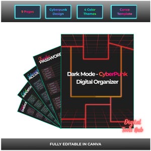 Organizador digital cyberpunk: gestor de contraseñas, administrador de cuentas, plantilla de Canva, 9 páginas, 4 temas de color.