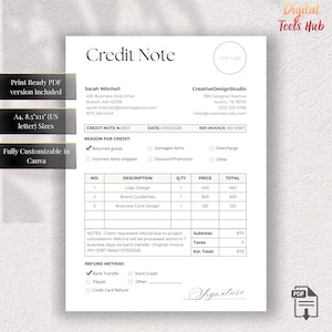 Modèle de note de crédit | Reçu de remboursement et mémo | Facture A4 US Letter à remplir | Gestion des clients