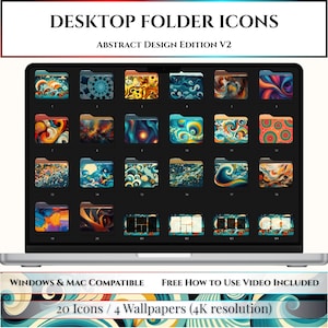 May include: A laptop screen displaying a collection of twenty desktop folder icons and four wallpapers titled DESKTOP FOLDER ICONS ABSTRACT DESIGN EDITION V2. The icons feature various colorful abstract patterns, swirls, and shapes.