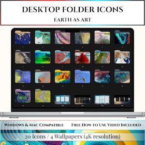 Pode incluir: Uma coleção digital de ícones de pastas de desktop intitulada DESKTOP FOLDER ICONS EARTH AS ART. A tela mostra vinte ícones de pastas exclusivos com imagens de satélite coloridas da Terra, além de quatro papéis de parede em resolução 4K.