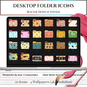 May include: A digital collection of 20 desktop folder icons and 4 wallpapers with a beach and tropical theme, featuring patterns of flamingos, sea life, and exotic plants. The set is compatible with Windows and Mac operating systems.