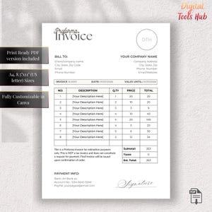 Proforma Invoice Template | Business Invoice Form | A4 US Letter Fillable PDF Canva Printable