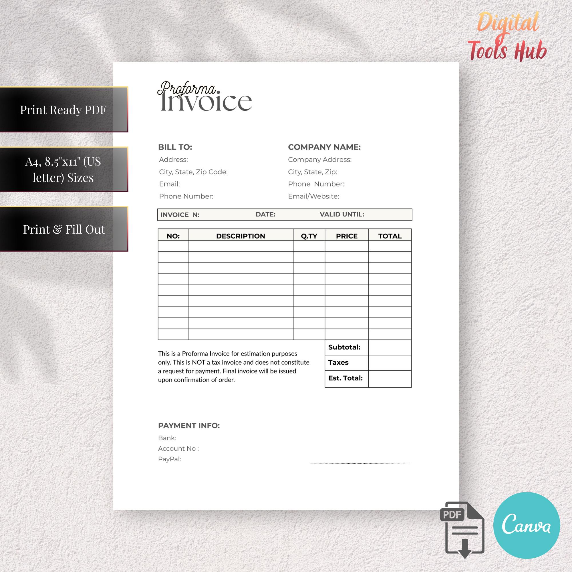 Proforma Invoice Template | Business Invoice Form | A4 US Letter ...