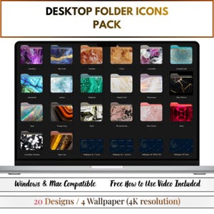 Puede incluir: Una pantalla de portátil muestra iconos de carpetas de escritorio con diseños de piedras preciosas. El texto "DESKTOP FOLDER ICONS PACK" está en la parte superior. En la parte inferior se lee "Windows & Mac Compatible" y "20 Designs / 4 Wallpaper (4K resolution)".