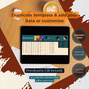 A digital tablet displaying a spreadsheet with charts and data. The image includes the text "Duplicate template & add your data or customize", "Download & Edit Instantly", and "An email with a download link will be sent to you". Additional text includes "4 Interactive Charts", "Works with Canva FREE", and "Automatic Summary".