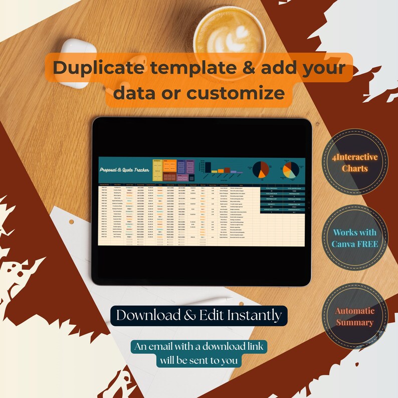 A digital tablet displaying a spreadsheet with charts and data. The image includes the text "Duplicate template & add your data or customize", "Download & Edit Instantly", and "An email with a download link will be sent to you". Additional text includes "4 Interactive Charts", "Works with Canva FREE", and "Automatic Summary".