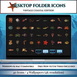 May include: A digital collection of 40 desktop folder icons and 4 wallpapers titled Desktop Folder Icons Vintage Coastal Edition. The display shows a grid of various marine life illustrations including fish, crabs, coral, and starfish on a dark background.