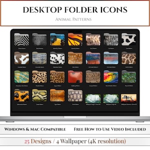 May include: A laptop screen displays a collection of desktop folder icons with animal pattern designs. The icons feature various textures, including zebra stripes, leopard spots, and snake scales. The text "DESKTOP FOLDER ICONS ANIMAL PATTERNS" is at the top.