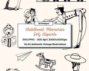Childhood Memories SVG Clipart | 35 Vintage Nostalgic Illustrations | SVG & PNG | Transparent Background | Cricut Silhouette
