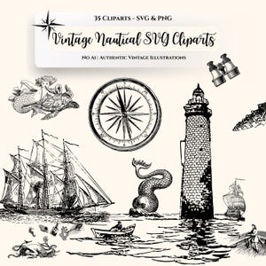 May include: Black and white vintage nautical SVG cliparts. The image includes a compass rose, a lighthouse, a sailboat, a mermaid riding a turtle, a sea monster, a rowboat, and other nautical elements. The text reads "35 Cliparts - SVG & PNG" and "Vintage Nautical SVG Cliparts".