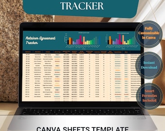 Hoja de cálculo de Canva para el seguimiento de contratos de retención / CRM para pequeñas empresas / Facturación de clientes / Seguimiento de horas / Herramienta para autónomos