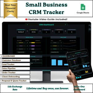 Può includere: Un monitor di computer che mostra una dashboard CRM con visualizzazioni di dati. Lo schermo mostra metriche come la velocità della pipeline e lo stato degli ordini. Il testo include "Small Business CRM Tracker" e "Google Sheets". Un tablet mostra una dashboard simile.
