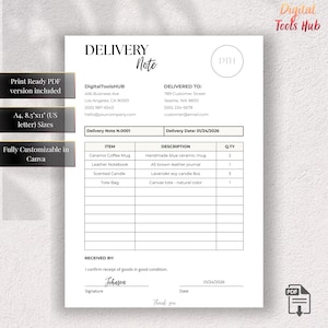 Delivery Note Template | Shipping Slip Delivery Form | A4 US Letter Fillable PDF Canva Printable