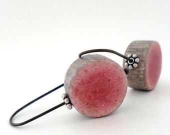 Pink and grey clay minimal earrings modern textured disc round contemporary eco friendly rustic air dry clay oxidized sterling faux ceramic