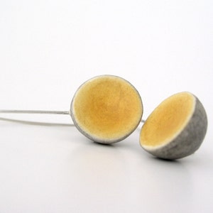 Yellow mustard and grey small clay dome earrings, rustic eco friendly minimal geometric modern air dry clay earrings autumn, sterling silver