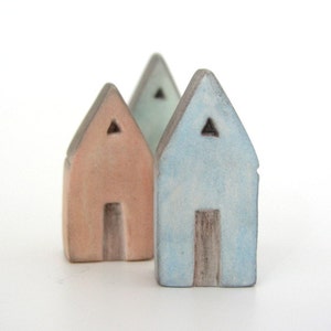 Miniature clay house, sculpture, Mediterranean, air dry clay, sky blue, mint green apricot grey rustic, pastel, triangle roof, set of 3 image 5