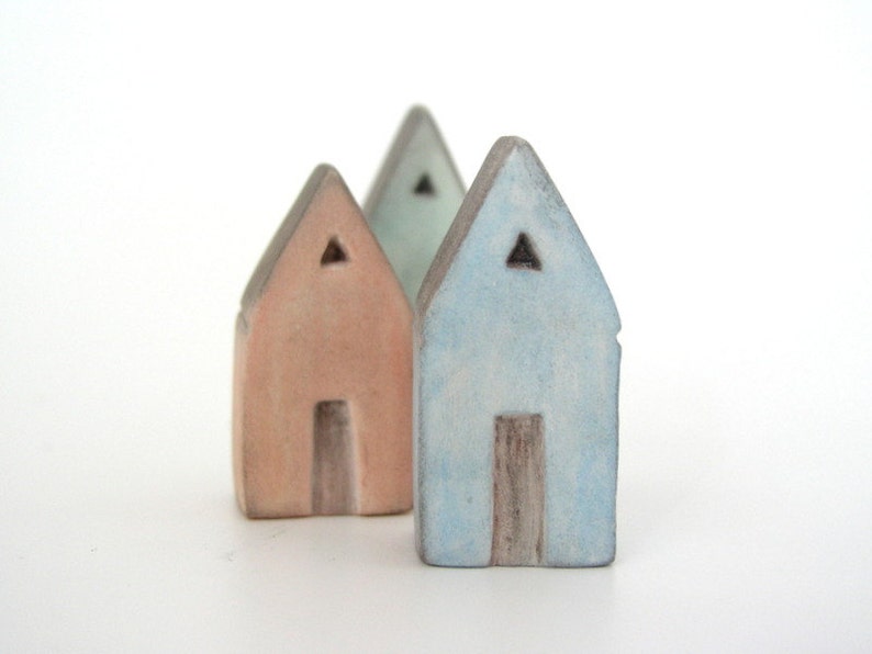 Miniature clay house, sculpture, Mediterranean, air dry clay, sky blue, mint green apricot grey rustic, pastel, triangle roof, set of 3 image 5