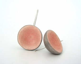 Peach pink and grey clay dome earrings, rustic, geometry, shabby chic pastel minimal, air dry clay earrings, organic style, sterling silver