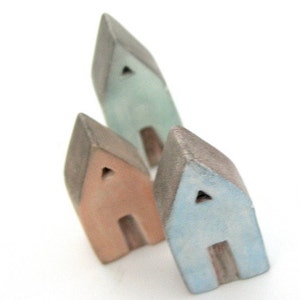 Miniature clay house, sculpture, Mediterranean, air dry clay, sky blue, mint green apricot grey rustic, pastel, triangle roof, set of 3 image 1