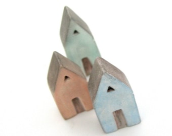 Miniature clay house, sculpture, Mediterranean, air dry clay, sky blue, mint green apricot grey  rustic,  pastel, triangle roof, set of 3