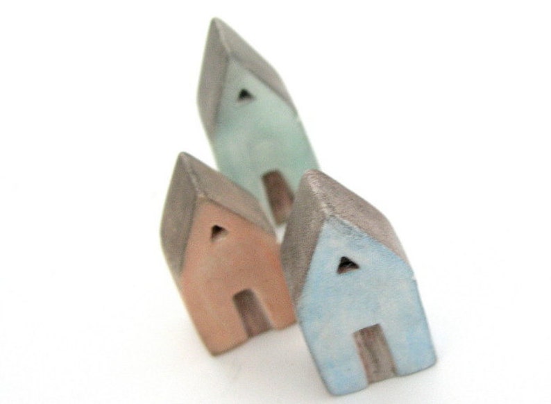 Miniature clay house, sculpture, Mediterranean, air dry clay, sky blue, mint green apricot grey rustic, pastel, triangle roof, set of 3 image 1