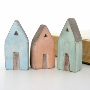 Miniature clay house, sculpture, Mediterranean, air dry clay, sky blue, mint green apricot grey rustic, pastel, triangle roof, set of 3 image 2