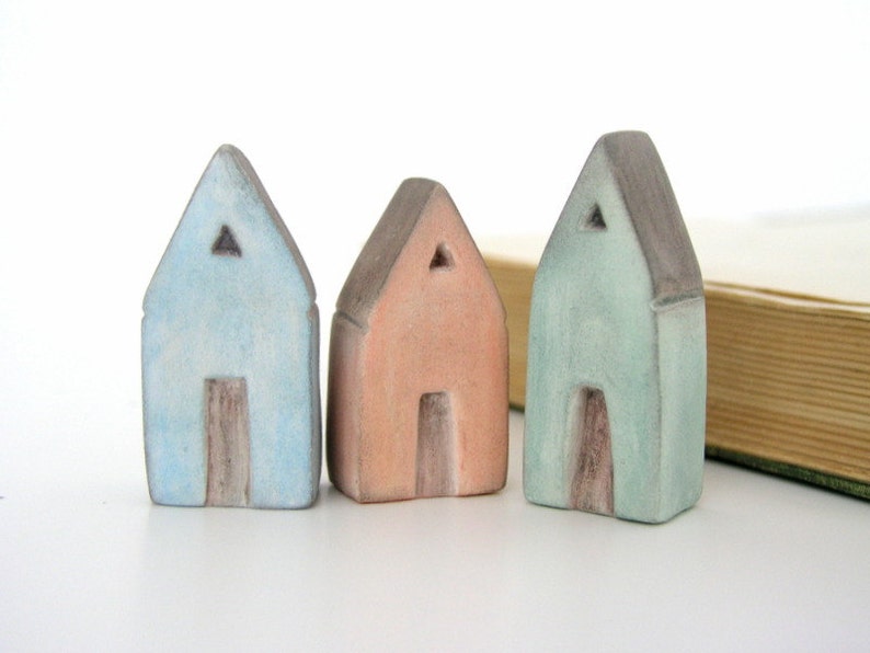 Miniature clay house, sculpture, Mediterranean, air dry clay, sky blue, mint green apricot grey rustic, pastel, triangle roof, set of 3 image 2