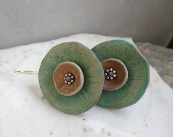 Green and brown poppy polymer earrings, distressed, sterling silver, rustic jewelry, shabby chic, anemone jewelry,  nature, modern abstract