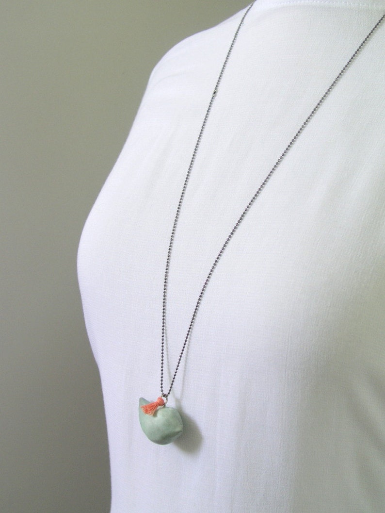 Bird clay necklace, pendant, mint green, minimal jewelry, air dry clay, rustic, bird jewelry, salmon embroidery thread tassel, silver totem image 5