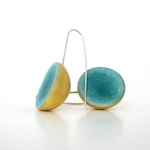 Minimal emerald yellow  dome clay earrings eco friendly blue green teal modern jewelry, shabby chic medium long earrings,  sterling silver