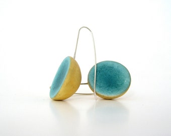 Minimal emerald yellow  dome clay earrings eco friendly blue green teal modern jewelry, shabby chic medium long earrings,  sterling silver