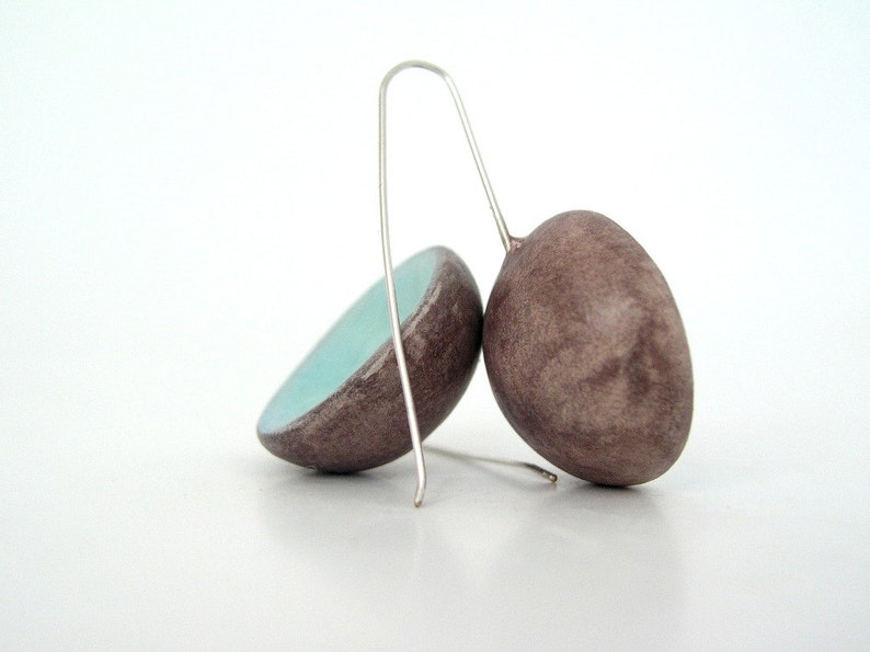 Aquamarine blue and brown clay minimal earrings, March earrings air dry modern dome earrings turquoise earrings faux ceramic sterling silver image 3