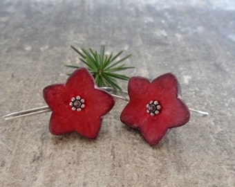 Christmas earrings Red star flower earrings air dry clay jewelry rustic shabby chic earrings faux ceramic, sterling silver gift for her