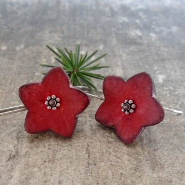 Christmas earrings Red star flower earrings air dry clay jewelry rustic shabby chic earrings faux ceramic, sterling silver gift for her