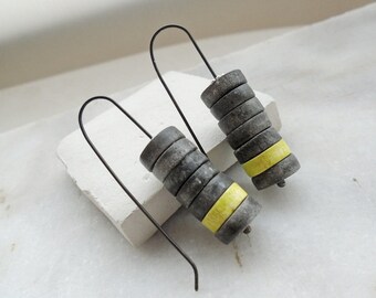 Clay earrings black and yellow modern minimal air dry clay jewelry organic eco friendly shabby chic rustic faux ceramic oxidized sterling